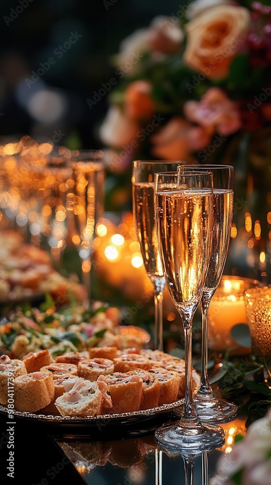 opulent catering spread at twilight gala elegant appetizers on mirrored platters champagne flutes gleaming soft candlelight illuminating luxurious decor opulent catering spread at twilight gala elegant appetizers on mirrored platters champagne flutes gleaming soft candlelight illuminating luxurious decor
