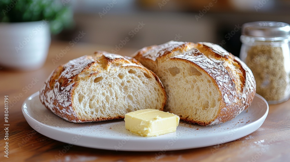 Freshly Baked Crusty Bread with Butter on a White Plate