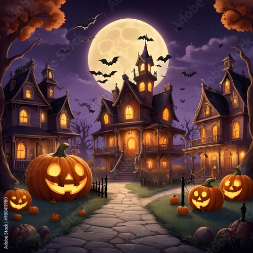 Halloween background with pumpkins, haunted house and moon in the sky photo