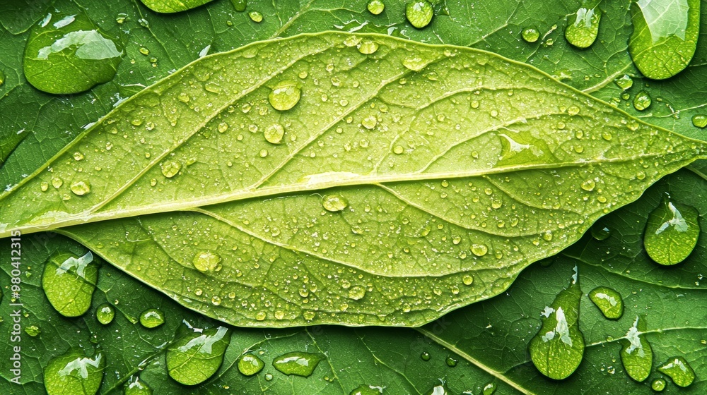 Fototapeta premium Green Leaf with Water Droplets Nature Background Macro Photography