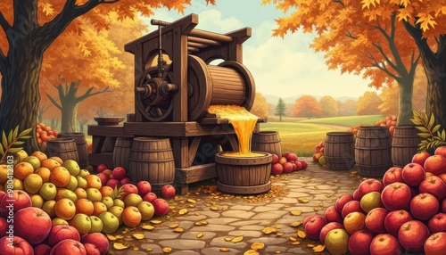 Illustration of Autumn Apple Cider Press in Orchard photo