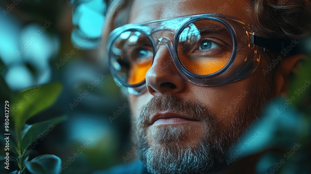 Closeup of a Scientist Wearing Safety Glasses Looking Off into the Distance Closeup of a Scientist Wearing Safety Glasses Looking Off into the Distance