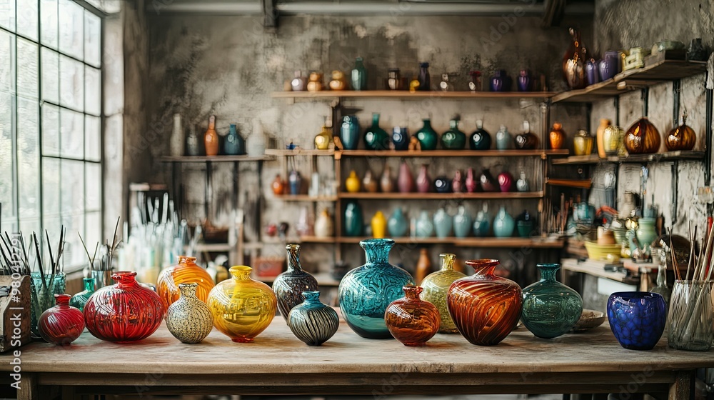 Colorful Glass Vases on Wooden Table in a Workshop Colorful Glass Vases on Wooden Table in a Workshop