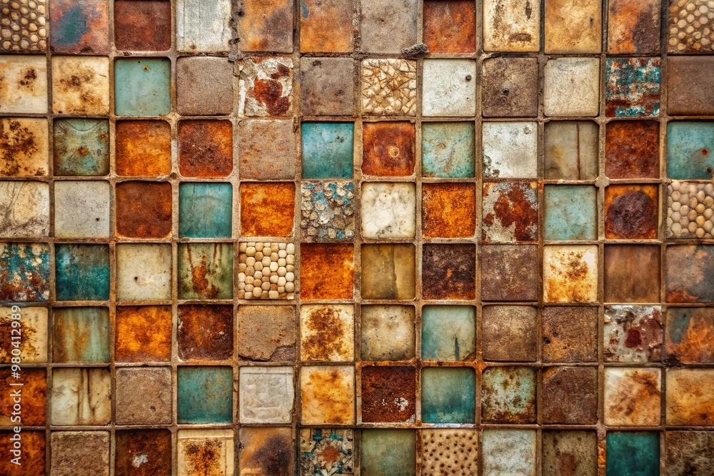 Weathered, rusty-toned stone wall featuring a mosaic of distressed, patchwork tiles with subtle cracks and faded patina, evoking a sense of aged, worn elegance. Weathered, rusty-toned stone wall featuring a mosaic of distressed, patchwork tiles with subtle cracks and faded patina, evoking a sense of aged, worn elegance.