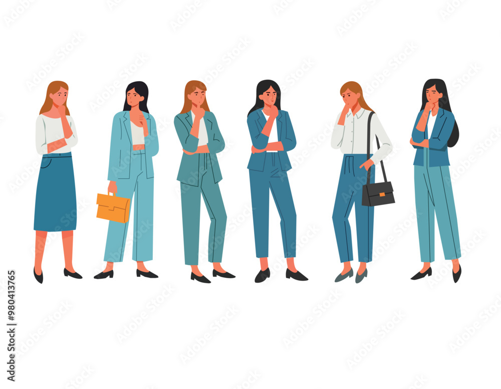 Fototapeta premium Thinking woman feeling confused thoughtful focused expression concept illustration