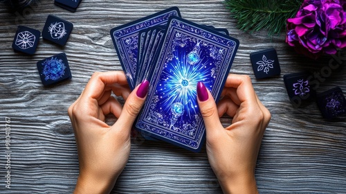 Mystical Fortune Teller Hands Revealing Vibrant Tarot Cards on Minimal Table