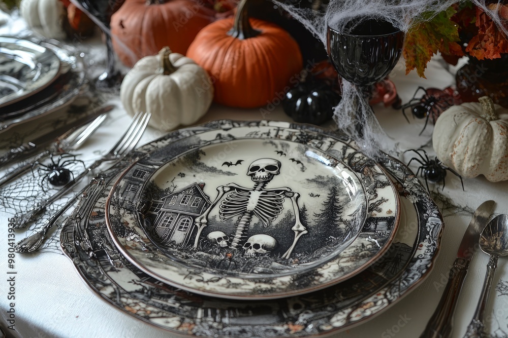 Halloween festive table, decorated with plates, pumpkin and snack. creative design and traditional celebration October feast. Halloween festive table, decorated with plates, pumpkin and snack. creative design and traditional celebration October feast.