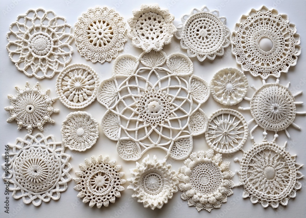 Delicate white crochet doilies intricately arranged on open border, creating a beautiful lace pattern, isolated on pure white background, top view. Delicate white crochet doilies intricately arranged on open border, creating a beautiful lace pattern, isolated on pure white background, top view.