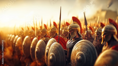 Spartan Warriors in Tight Phalanx, Forming Impenetrable Wall photo