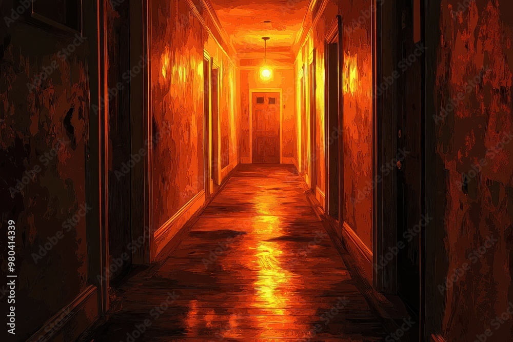 Eerie orange lit mysterious hallway with doors, gloomy and foreboding atmosphere Eerie orange lit mysterious hallway with doors, gloomy and foreboding atmosphere