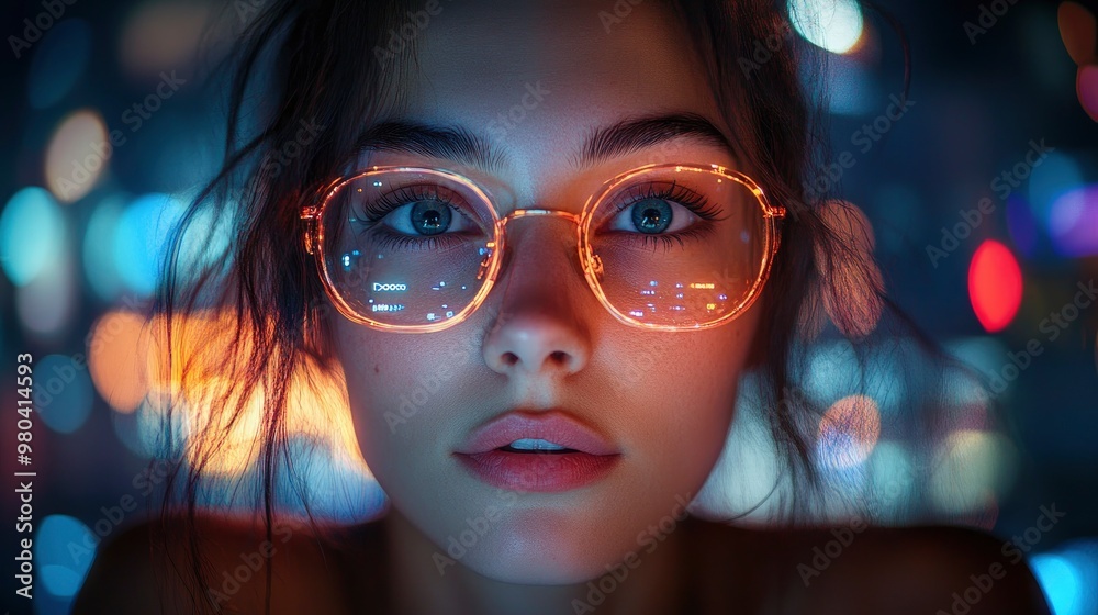 Woman looking at the city lights through her glasses Woman looking at the city lights through her glasses