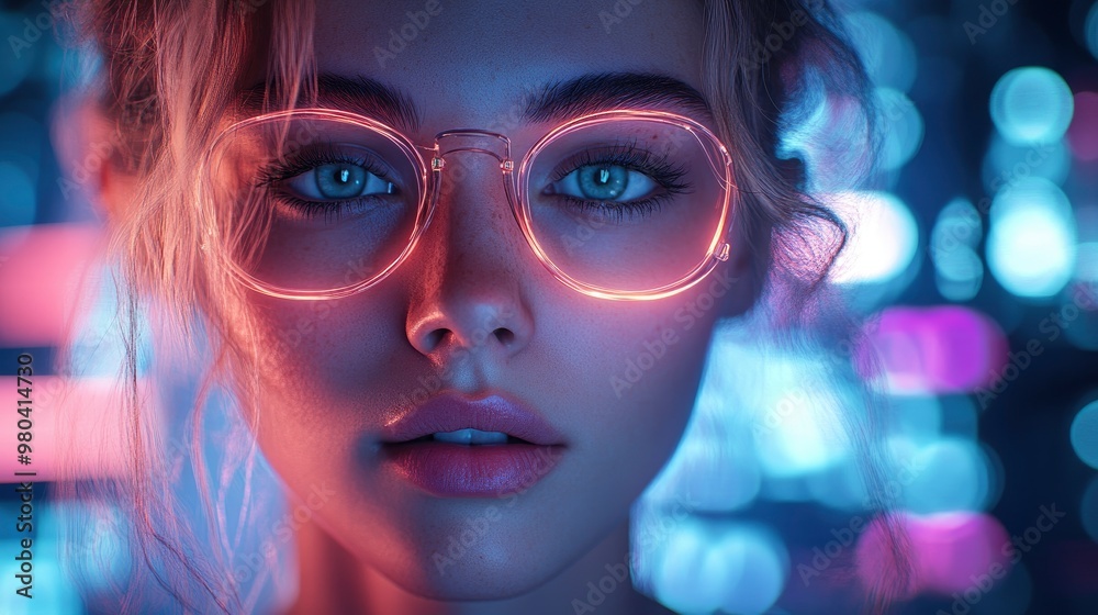 Woman with glowing glasses in neon light Woman with glowing glasses in neon light