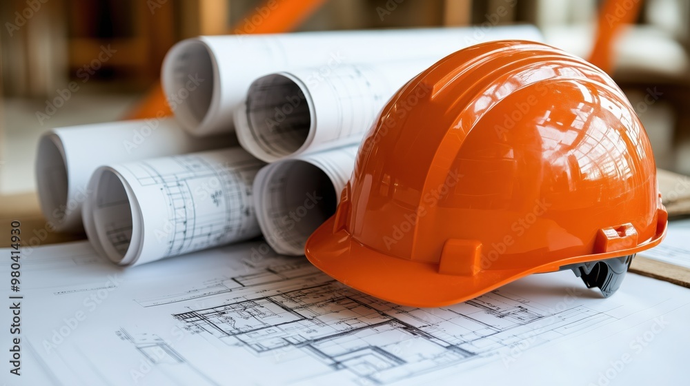 Construction planning essentials: orange helmet and blueprints for engineering projects Construction planning essentials: orange helmet and blueprints for engineering projects