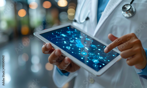 Telemedicine Doctor Using Tablet with Health Icons, Virtual Hospital Medicine Concept - Family Healthcare, Medical Technology photo