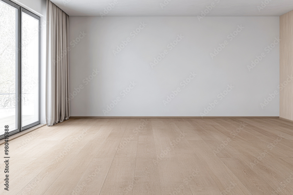 Modern empty living room with large windows, light wood flooring, and neutral walls bathed in natural sunlight Modern empty living room with large windows, light wood flooring, and neutral walls bathed in natural sunlight