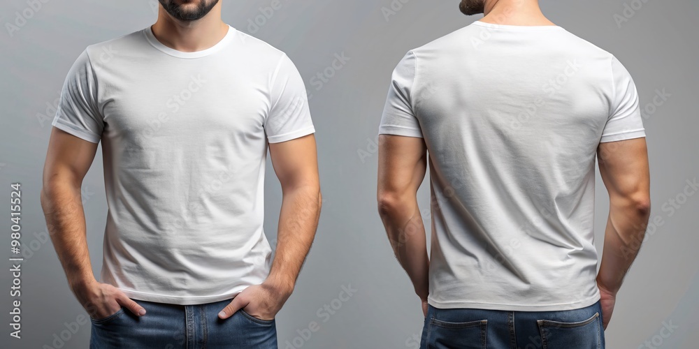 Handsome man wearing a white casual t-shirt. Behind and front view of a mockup t-shirt for design print ai generated art.