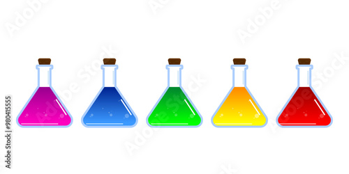 Set of glass bottles. Different color potion flat style on white background. Vector illustration. Design elements for game collection.