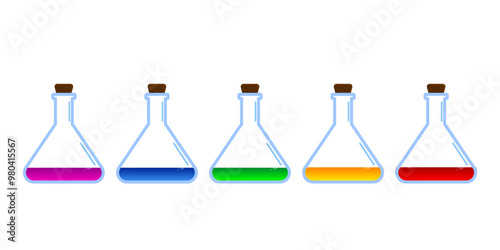 Set of glass bottles. Different color potion flat style on white background. Vector illustration. Design elements for game collection.