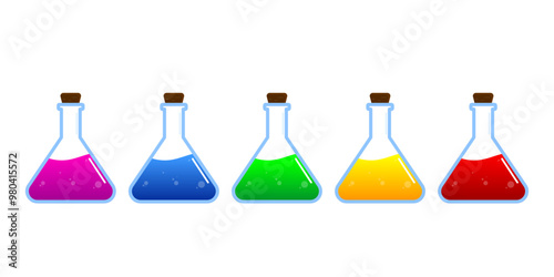 Set of glass bottles. Different color potion flat style on white background. Vector illustration. Design elements for game collection.