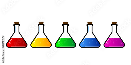 Set of glass bottles. Different color potion flat style on white background. Vector illustration. Design elements for game collection.