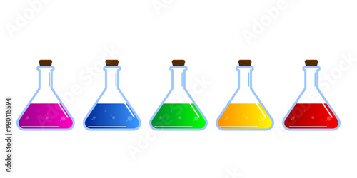 Set of glass bottles. Different color potion flat style on white background. Vector illustration. Design elements for game collection.