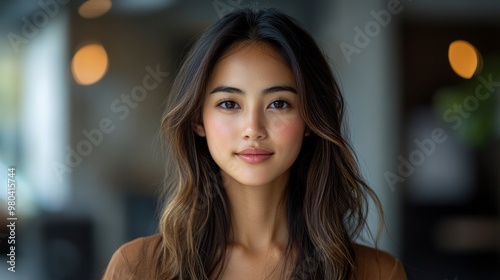 Portrait of a young woman with long brown hair