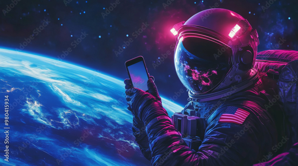 Astronaut in a space suit floating in outer space, holding a phone and taking a selfie. Space traveler in a helmet, holding a smartphone, orbiting Earth. Space tourist in a spacesuit in the cosmos.