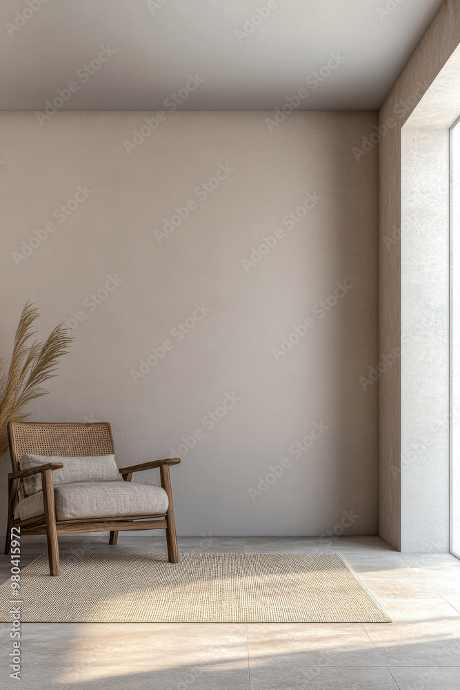 Cozy modern living space featuring a wooden chair, neutral walls, and natural light streaming through a large window Cozy modern living space featuring a wooden chair, neutral walls, and natural light streaming through a large window