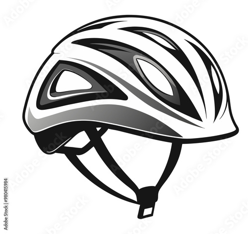 Vector illustration of a black and white racing bicycle and a motorcycle safety helmet. This includes an outline and an icon of a sports bicycle racing helmet.