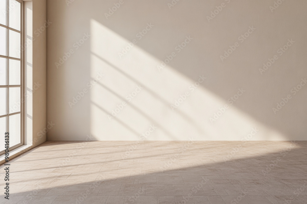 Bright sunlight illuminates a minimalist interior with shadows on a bare wall and floor during the afternoon Bright sunlight illuminates a minimalist interior with shadows on a bare wall and floor during the afternoon