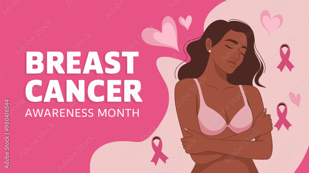Breast Cancer Awareness Month Flat Vector Poster with Woman and Pink Ribbon Elements Breast Cancer Awareness Month Flat Vector Poster with Woman and Pink Ribbon Elements