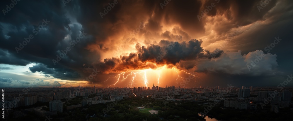 Fototapeta premium Dramatic lightning storm over cityscape at sunset for print and poster art