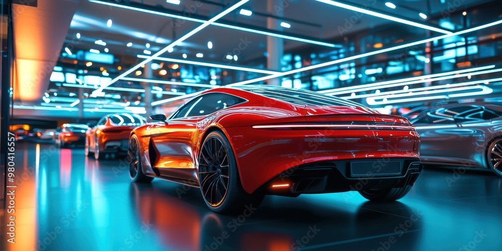 Striking Red Supercar Showcased in Futuristic Automotive Showroom Striking Red Supercar Showcased in Futuristic Automotive Showroom