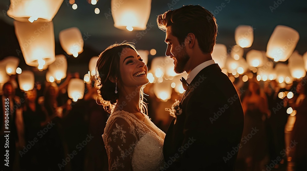Bride and Groom Embrace During a Nighttime Wedding Ceremony with Sky Lanterns Bride and Groom Embrace During a Nighttime Wedding Ceremony with Sky Lanterns