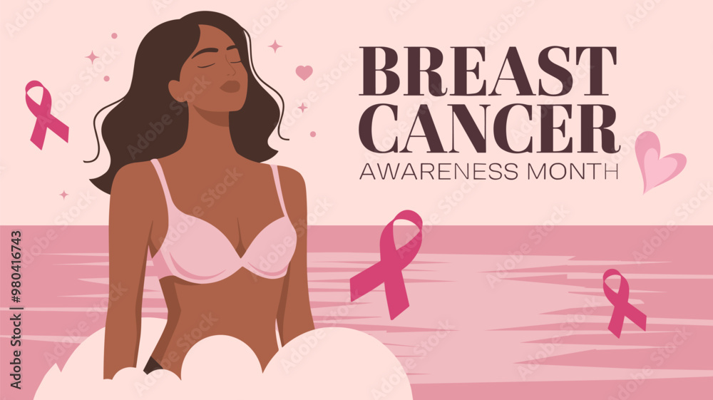Breast Cancer Awareness Month Flat Vector Poster with Woman and Pink Ribbon Elements Breast Cancer Awareness Month Flat Vector Poster with Woman and Pink Ribbon Elements
