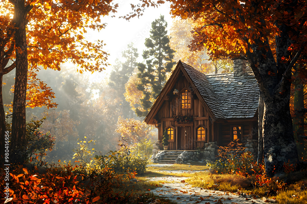 Enchanting Realistic Photo of Quaint Wooden Villa in Autumn Forest with Soft Sunlight and Rustic Charm Enchanting Realistic Photo of Quaint Wooden Villa in Autumn Forest with Soft Sunlight and Rustic Charm