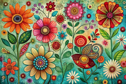 Vibrant, whimsical, hand-drawn flowers in abstract shapes and bold colors, set against a distressed, vintage-inspired floral background, evoking a joyful springtime atmosphere.