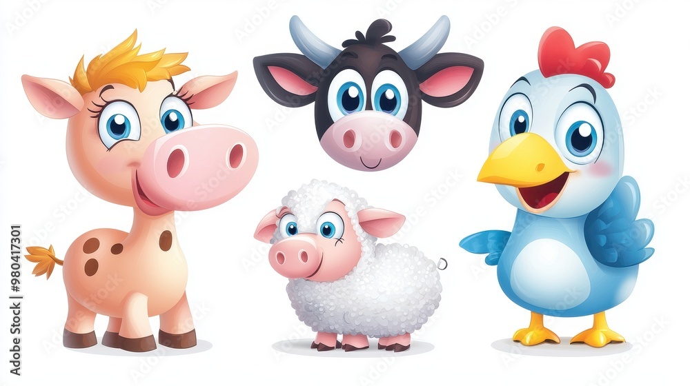 Cheerful Cartoon Farm Animals - Cow, Pig, Sheep, Chicken Clipart on White Background Cheerful Cartoon Farm Animals - Cow, Pig, Sheep, Chicken Clipart on White Background