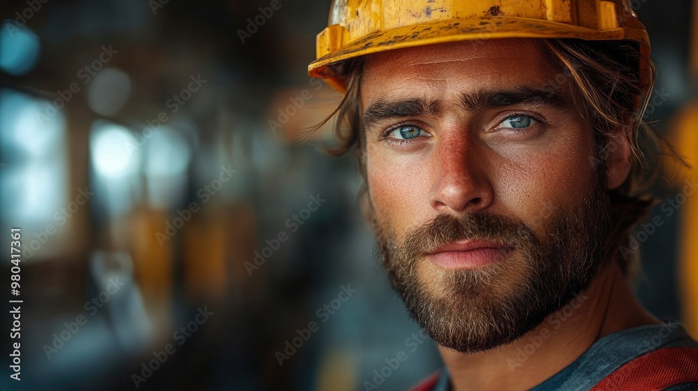 Close-up Portrait of a Handsome Construction Worker with a Serious Expression Close-up Portrait of a Handsome Construction Worker with a Serious Expression