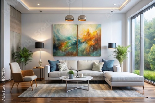 Modern minimalist living room interior design concept features a large abstract painting in a sleek frame against a crisp white wall, surrounded by bright airy space.