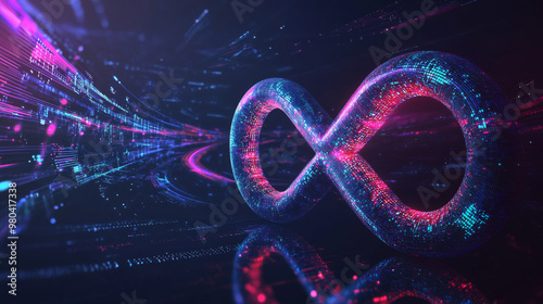 Software engineering operations infinity sign. The idea of development operations, interaction between programmers and engineers, data handling. DevOps banner featuring a holographic lifecycle infinit