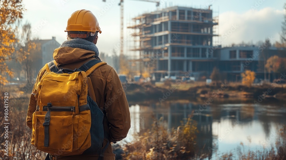 Construction worker looking at a new building with a lake in the foreground Construction worker looking at a new building with a lake in the foreground
