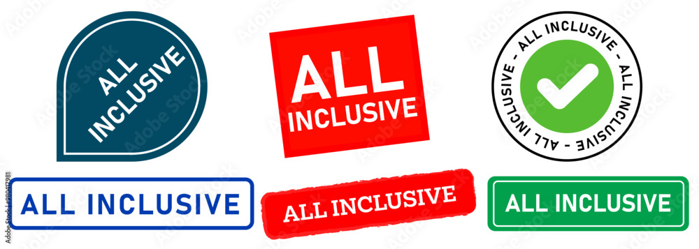 All inclusive stamp red blue green badge colorful stickers tourist offer service design set collection All inclusive stamp red blue green badge colorful stickers tourist offer service design set collection