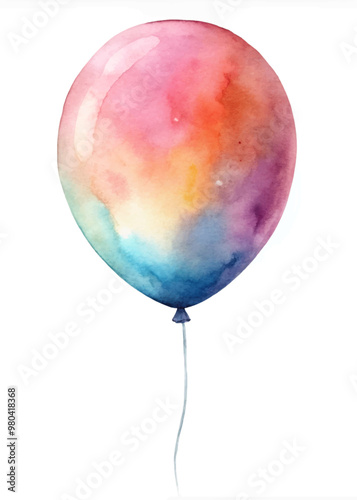 A watercolor painting of a colorful balloon with a white string