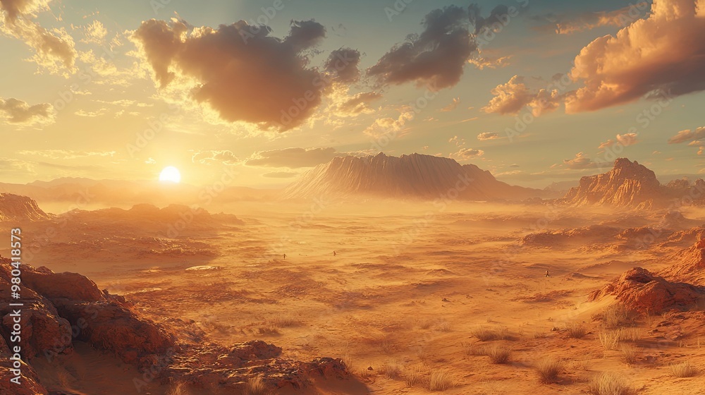 A Distant Mountain Range at Sunset over a Sandy Desert A Distant Mountain Range at Sunset over a Sandy Desert