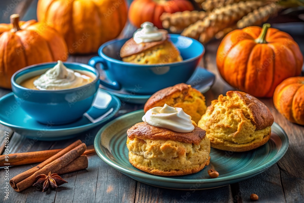 Warmly lit still life of freshly baked pumpkin scones topped with whipped cream, cinnamon, and a sprinkle of nutmeg, served on a blue plate with steaming coffee nearby. Warmly lit still life of freshly baked pumpkin scones topped with whipped cream, cinnamon, and a sprinkle of nutmeg, served on a blue plate with steaming coffee nearby.