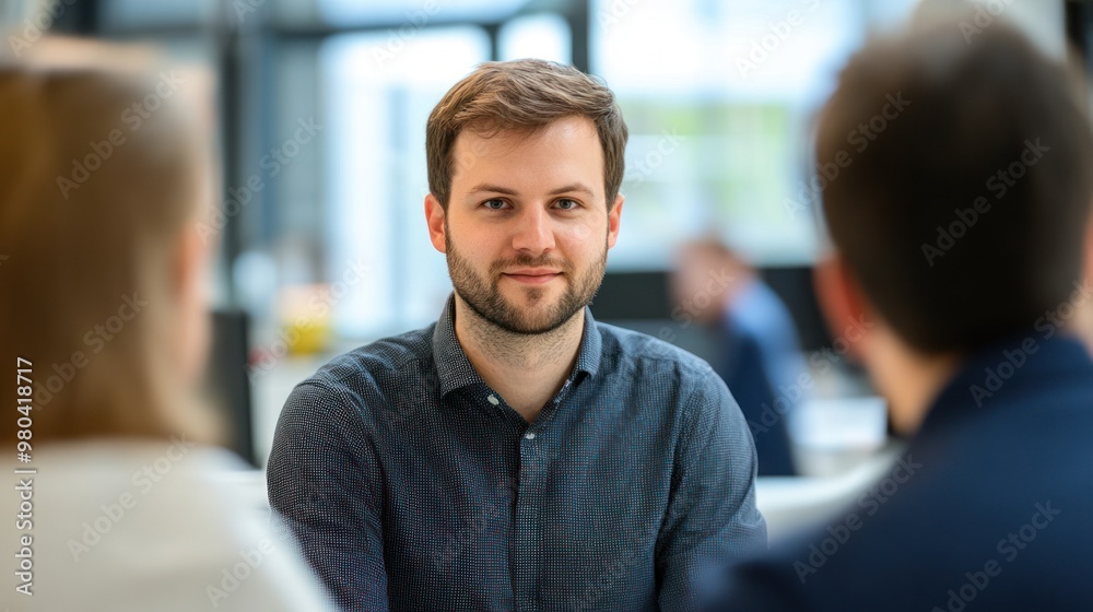 A charismatic engineer in smart casual wear discussing project details with a team in an open-plan office, representing a balanced professional lifestyle A charismatic engineer in smart casual wear discussing project details with a team in an open-plan office, representing a balanced professional lifestyle