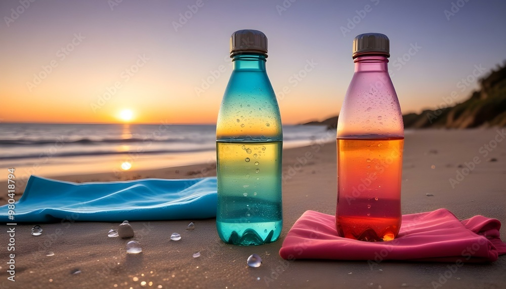 A glass drink bottle positioned on a sandy beach at sunset, capturing the serene beauty of a relaxing seaside moment. A glass drink bottle positioned on a sandy beach at sunset, capturing the serene beauty of a relaxing seaside moment.