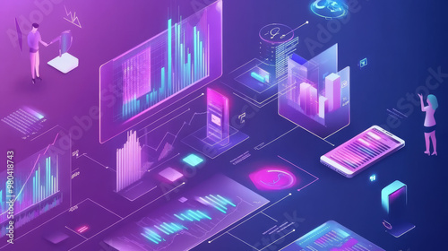 Various scenarios where individuals engage with graphs, using a smartphone and a computer, initiating a startup. Data analysis, strategic planning, investment, and accounting, mobile banking. 