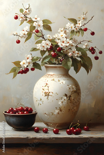 Still Life Scene with Earthenware, Cherry Blossom, and Cherries on Wooden Shelf
